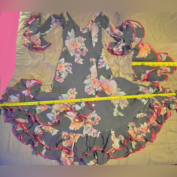 Slate & Magenta Floral Flamenco Dress Handmade in Spain-zipper,v-neck,longsleeve - Picture 3 of 16